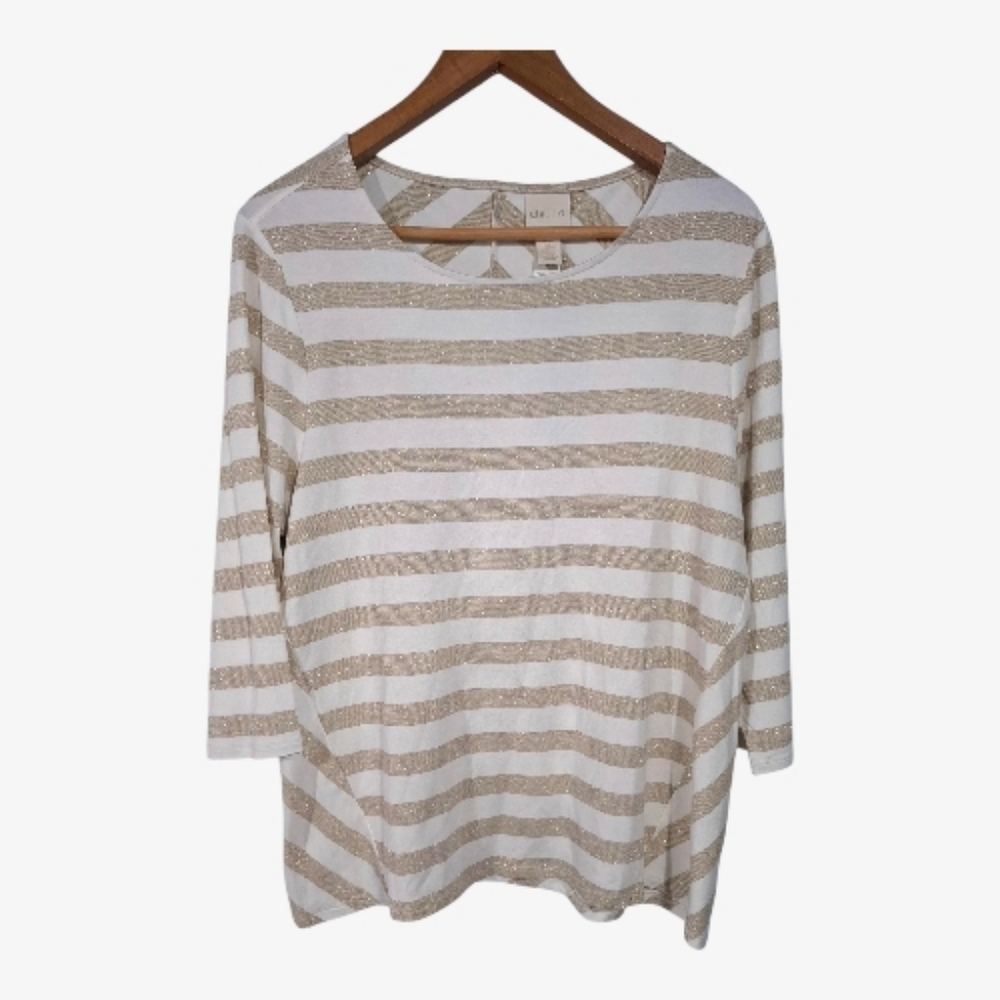 Chicos Gold Metalic White Shimmer Stripe Tee Top 3/4 Sleeve Sz 2 Petite LP NWT